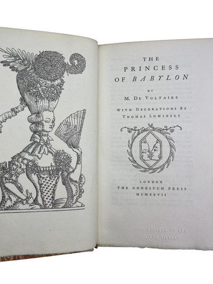  Rare 1927 The Princess of Babylon by M. De Voltaire, published by The Nonesuch Press, limited edition no. 1355 of 1500. A fine press edition of Voltaire’s philosophical tale blending satire, enlightenment ideals, and allegory, produced by the renowned Nonesuch Press known for its elegant typography and craftsmanship. This collectible book includes Royal College of Art bookplate and barcode on the front endpaper. An important example of early twentieth-century private press printing and Voltaire’s enduring 
