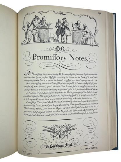  blue cloth book titled The Universal Penman 1941 limited edition no. 609 of 1000 Paul A. Struck fine facsimile of George Bickham’s 18th century calligraphy and engraving masterpiece English penmanship typography history ornamental lettering rare fine press book art of handwriting engraved specimens by master writing teachers London 1733–1741 collected plates calligraphic design historic script typography study limited printing Royal College of Art bookplate provenance rare British art book engraving
