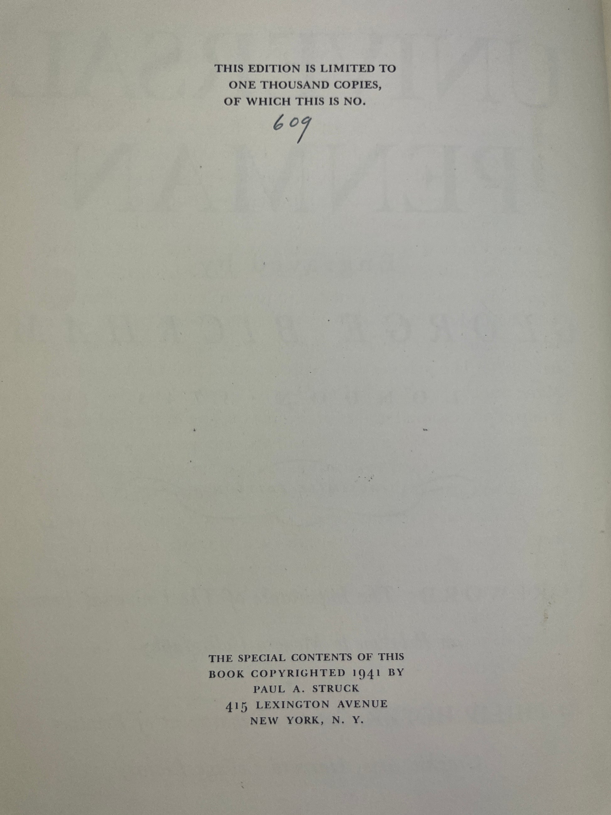  blue cloth book titled The Universal Penman 1941 limited edition no. 609 of 1000 Paul A. Struck fine facsimile of George Bickham’s 18th century calligraphy and engraving masterpiece English penmanship typography history ornamental lettering rare fine press book art of handwriting engraved specimens by master writing teachers London 1733–1741 collected plates calligraphic design historic script typography study limited printing Royal College of Art bookplate provenance rare British art book engraving
