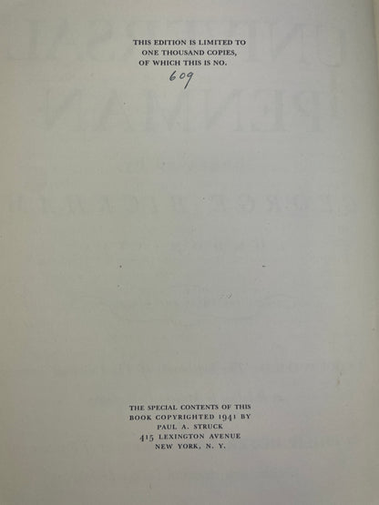  blue cloth book titled The Universal Penman 1941 limited edition no. 609 of 1000 Paul A. Struck fine facsimile of George Bickham’s 18th century calligraphy and engraving masterpiece English penmanship typography history ornamental lettering rare fine press book art of handwriting engraved specimens by master writing teachers London 1733–1741 collected plates calligraphic design historic script typography study limited printing Royal College of Art bookplate provenance rare British art book engraving

