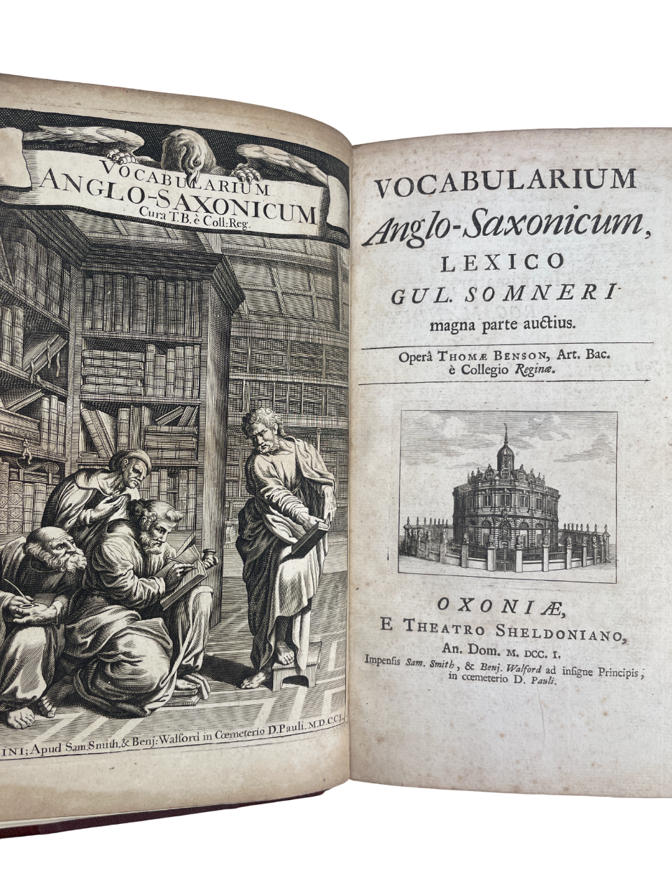 First edition 1701 Thomas Benson Vocabularium Anglo-Saxonicum Oxford Sheldonian Theater Old English dictionary Anglo-Saxon lexicon Edward Thwaites Somner 1659 Dictionarium Saxonico-Latino-Anglicum early modern philology abridged Latin glosses rare first edition Old English studies Anglo-Saxon scholarship historical linguistics medieval English language lexicography collectible academic reference rare antique book 18th-century language study Anglo-Saxon dictionary Oxford University