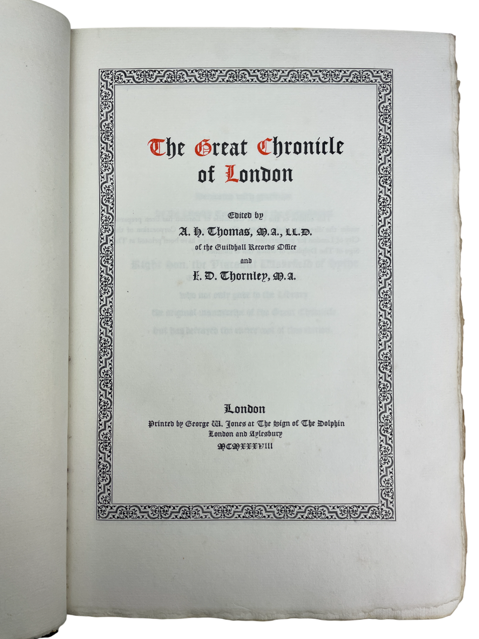 The Great Chronicle of London 1938 limited edition Zaehnsdorf binding medieval London Tudor history manuscript folio rare book Guildhall Library chronicle 1189-1512 civic feasts coronations fires political unrest historical record daily life London history collectible British bookbinding fine press Captain Edward Calcott Pryce C.B.E. provenance World War II solicitor politician City of London councillor Sheriff Montgomeryshire rare historical folio London archive manuscript early modern British history foli