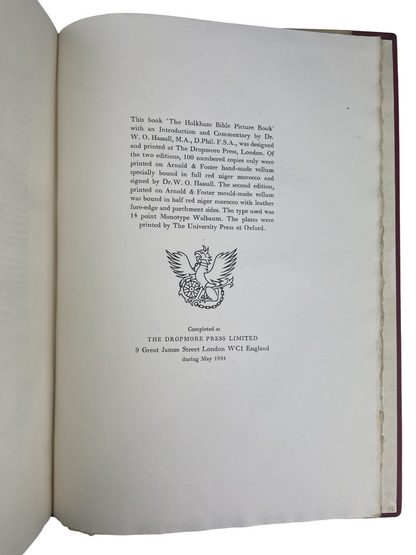 W. O. Hassall The Holkham Bible Picture Book 1954 Dropmore Press London signed first printed edition facsimile 14th century English illuminated manuscript medieval art rare book fine press Bodleian Library Holkham Hall Earl of Leicester Geoffrey Chaucer era illustration history religious manuscript rare collector edition limited signed Hassall commentary medieval illumination art history Dropmore Press fine printing collectible rare facsimile British Library acquisition